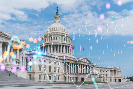 Capitol house building exterior, Washington DC, USA. Home of Congress, Capitol Hill. American political system. Forex chart hologram. The concept of internet trading, brokerage and fundamental analysisの写真素材