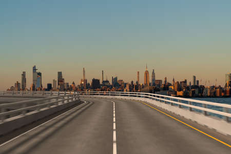 Empty urban asphalt road exterior with city buildings background. New modern highway concrete construction. Concept of way to success. Transportation logistics industry fast delivery. new york. USA.の写真素材