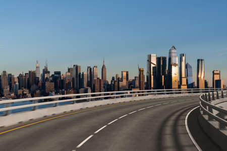 Empty urban asphalt road exterior with city buildings background. New modern highway concrete construction. Concept of way to success. Transportation logistics industry fast delivery. new york. USA.の写真素材