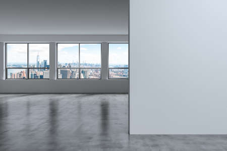 Downtown New York Lower Manhattan City Skyline Buildings from High Rise Window. Expensive Real Estate. Empty wall mockup room Interior Skyscrapers View Cityscape. financial district. day. 3d renderingの写真素材