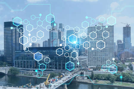 Aerial panorama city view of Philadelphia financial downtown at day time, Pennsylvania, USA. decentralized economy. Blockchain, cryptocurrency and cryptography concept, hologramの写真素材