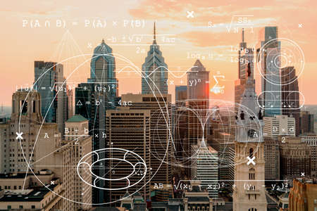 Aerial panoramic skyline of Philadelphia financial downtown, Pennsylvania, USA. City Hall Clock Tower at sunset. Technologies, education concept. Academic research, top ranking universities, hologramの写真素材