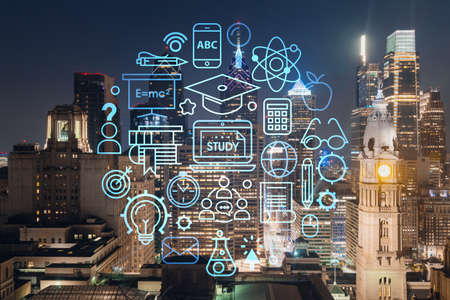 Aerial panoramic cityscape of Philadelphia financial downtown at summer night time, Pennsylvania, USA. Technologies and education concept. Academic research, top ranking universities, hologramの写真素材