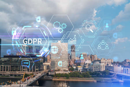 Aerial panorama city view of Philadelphia financial downtown at day time, Pennsylvania, USA. GDPR hologram, concept of data protection regulation and privacy for all individuals in EU Areaの写真素材