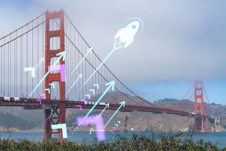 The iconic view of the Golden Gate Bridge from South side at day time, San Francisco, California, United States. Startup company, launch project to seek and develop scalable business model, hologramの写真素材
