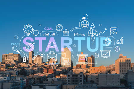 Panoramic cityscape view of San Francisco Nob hill area, sunset, midtown skyline, California, United States. Startup company, launch project to seek and develop scalable business model, hologramの写真素材