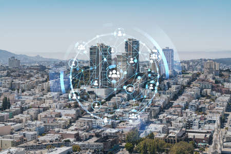 Panoramic cityscape view of San Francisco financial downtown at day time from rooftop, California,...