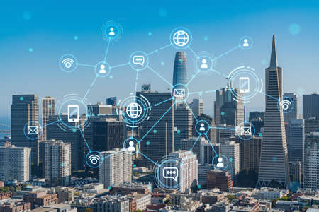 San Francisco skyline from Coit Tower to Financial District and residential neighborhoods, California, US. Social media hologram. Concept of networking and establishing new people connectionsの写真素材