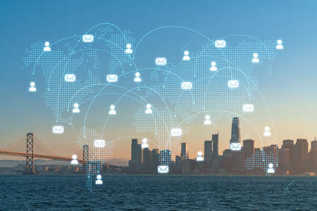 City view, Bay Bridge and San Francisco Skyline Panorama from Treasure Island, sunset, California, United States. Social media hologram. Concept of networking and establishing new people connectionsの写真素材