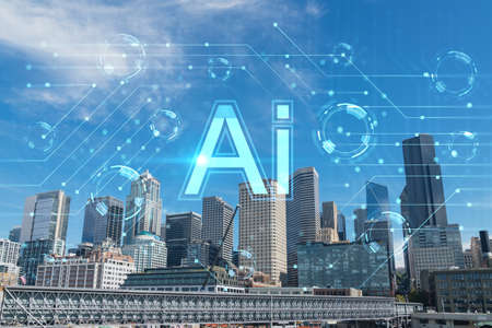 Seattle skyline with waterfront view. Skyscrapers of financial downtown at day time, Washington, USA. Artificial Intelligence concept, hologram. AI, machine learning, neural networks, roboticsの写真素材