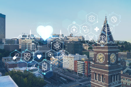 Seattle aerial skyline panorama of downtown at day time, Washington USA. Health care digital medicine hologram. The concept of treatment and disease preventionの写真素材