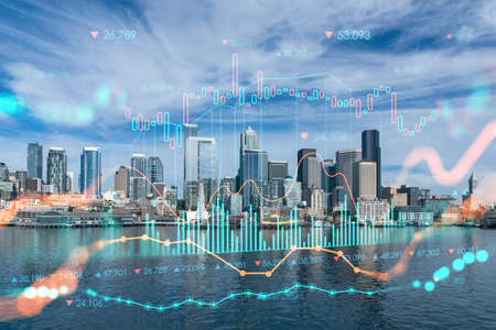 Seattle skyline with waterfront view. Skyscrapers of financial downtown at day time, Washington, USA. Forex chart hologram. The concept of internet trading, brokerage and fundamental analysisの写真素材