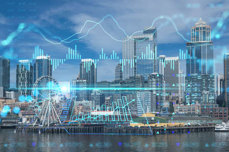 Seattle skyline with waterfront view. Skyscrapers of financial downtown at day time, Washington, USA. Forex chart hologram. The concept of internet trading, brokerage and fundamental analysisの写真素材