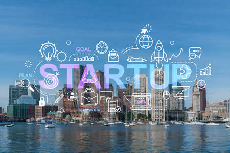 Panorama city view of Boston Harbor at day time, Massachusetts. Building exteriors of financial downtown. Startup company, launch project to seek and develop scalable business model, hologram sketchの写真素材