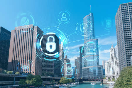 Panorama cityscape of Chicago downtown and Riverwalk, boardwalk with bridges at day time, Chicago, Illinois, USA. The concept of cyber security to protect companies confidential informationの写真素材