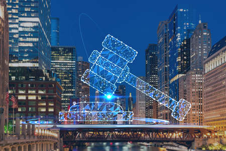 Panorama cityscape of Chicago downtown and Riverwalk, boardwalk with bridges, night time, Chicago, Illinois, USA. legal icons hologram. The concept of law, order, regulations and digital justiceの写真素材