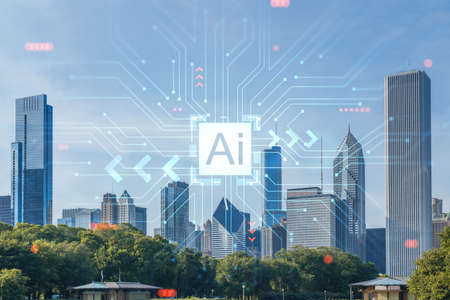 Chicago skyline, Butler Field towards financial district skyscrapers, day time, Illinois, USA. parks and gardens. artificial intelligence concept. AI, machine learning, neural networks, roboticsの写真素材