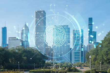 Chicago skyline, Butler Field towards financial district skyscrapers, day time, Illinois, USA. parks and gardens. artificial intelligence concept. AI, machine learning, neural networks, roboticsの写真素材