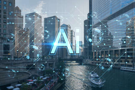 Panorama cityscape of Chicago downtown and Riverwalk, boardwalk with bridges at day time, Illinois, USA. artificial intelligence concept. AI and business, machine learning, neural network, roboticsの写真素材