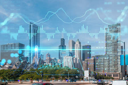 Chicago skyline, Butler Field towards financial district skyscrapers, day time, Illinois, USA. parks and gardens. Forex chart hologram. The concept of internet trading, brokerage, fundamental analysisの写真素材