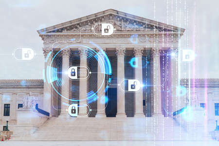Front view of the iconic building of United States Supreme Court at day time, Washington DC, USA. Judicial branch. decentralized economy. Blockchain, cryptography and cryptocurrency concept, hologramの写真素材
