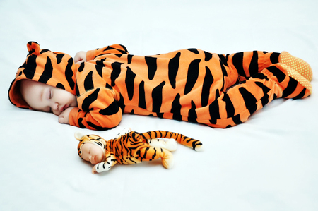 A small child in a tiger costume is sleeping next to a doll.の写真素材