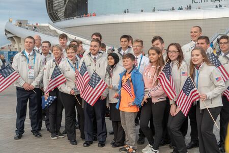 Russia, Kazan - August 27, 2019: A group of participants Championship from America with Russian fans...