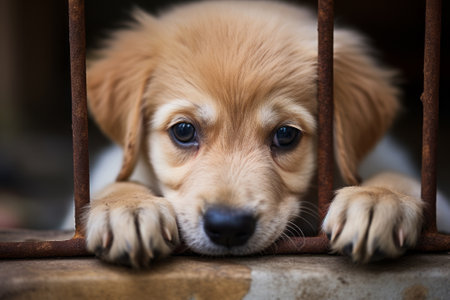 Sad puppy in shelter behind fence waiting to be rescued and adopted to new home. Shelter for animals conceptの素材