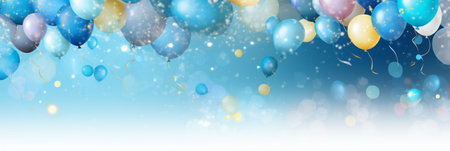 Bunch of blue color balloons on light blue background, space for text. banner design. Design for men's birthday. Balloons on top.の写真素材