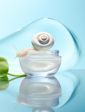 Snail on the jar of skin cream on water background. Beauty skin care, snail mucin based cosmetics. beauty concept.の写真素材