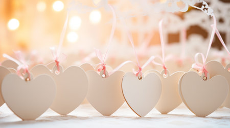 Wedding background and mock up in the form of hearts. Beige heart mockups on ribbons on a light blurred background with bokeh.の写真素材