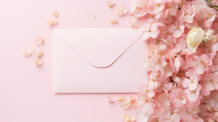 wedding background and mock up. Pink envelope and flowers on a pastel pink backgroundの写真素材