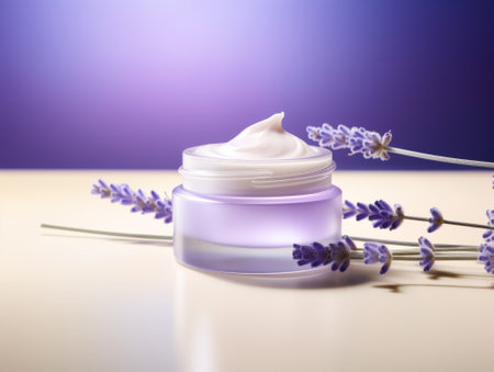 Stylish Cosmetic serum mockup with lavender extract. beauty background. Light lavender pastel backgroundの写真素材