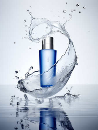Advertising poster for cosmetic product for catalog, magazine. Stylish cosmetic serum gel shower mockup. beauty background. Light pastel background, reflection and splash of water.の写真素材
