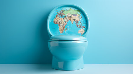 world toilet day background, copy space. Blue toilet bowl with a world map on a blue background.の写真素材