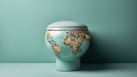 world toilet day background, copy space. Blue toilet bowl with a world map on a blue background.の写真素材