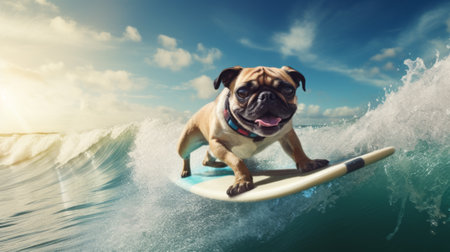 cool dog french bulldog surfer surfer in sunglasses on a board on a wave in the ocean. Place for text.の写真素材