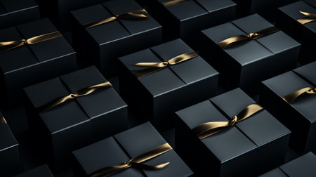 Top view many stylish black boxes of gift decorated with golden ribbon on black background. Corporate gifts for men concept.の写真素材