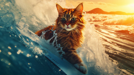 Fearless cat surfer on a board on a wave in the ocean. Place for text.