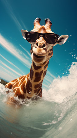 cool giraffe surfer surfer in sunglasses on a board on a wave in the ocean. Place for text.の写真素材