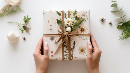 Close up female hands hold a beautiful gift box. Craft paper and gift decoration with natural...