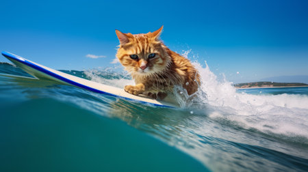 Frightened red striped cat surfer on a board on a wave in the ocean. Place for text.の写真素材