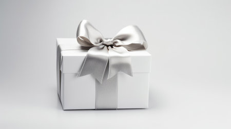 Top view of white gift box decorated with silver ribbon. The white box is isolated on a light background. Space for text.の写真素材