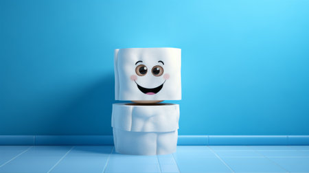 world toilet day background, copy space. cheerful and funny roll of white toilet paper on a blue background.の写真素材