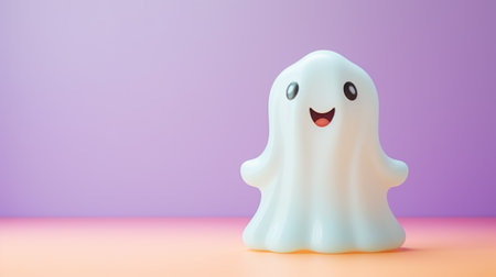 A kind and funny ghost on a soft lilac pastel background. smiley cartoon character.の写真素材