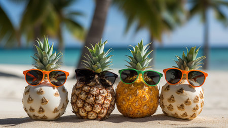 A group of stylish and modern pineapples in sunglasses on the beach by the sea.の素材