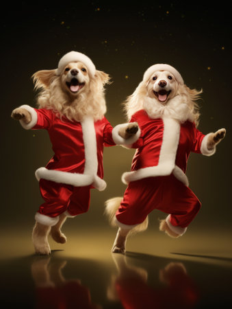 Dogs in Santa Claus costumes dance a retro dance Bugel Vugel on the dance floor. Funny and cheerful dance christmas concept.の素材