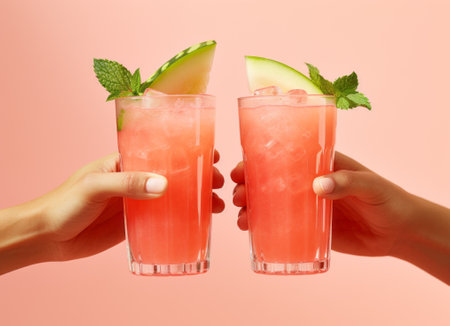 Fresh watermelon cocktail in hands, two glasses on a pink background. Hello summer concept.の素材