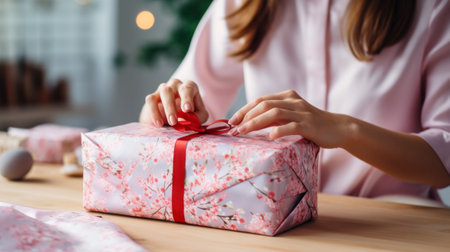 Beautiful Girl packs a gift for Christmas, pink tones. Small business, packaging process.の素材