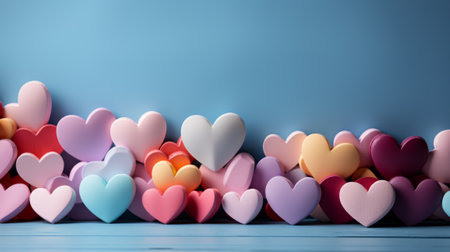 Multicolored wooden pastel colored hearts on a blue background with space for text. Banner for Valentine's Day concept.の素材